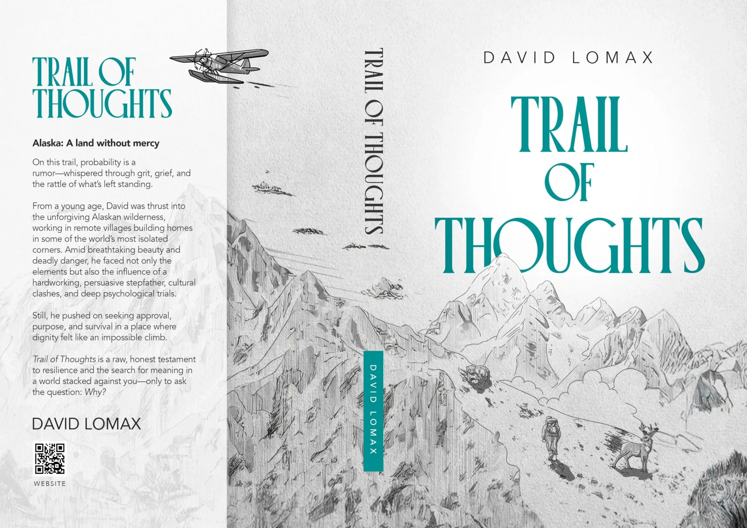 Book cover of Trail of Thoughts by David Lomax, featuring Alaskan wilderness illustrations.